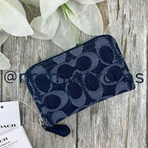 Coach Small Zip Around Card Case Wallet in Signature Denim & Leather Bag Purse